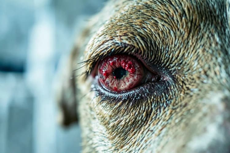 Um olho de cachorro com conjuntivite severa, apresentando vermelhidão intensa e secreção purulenta.